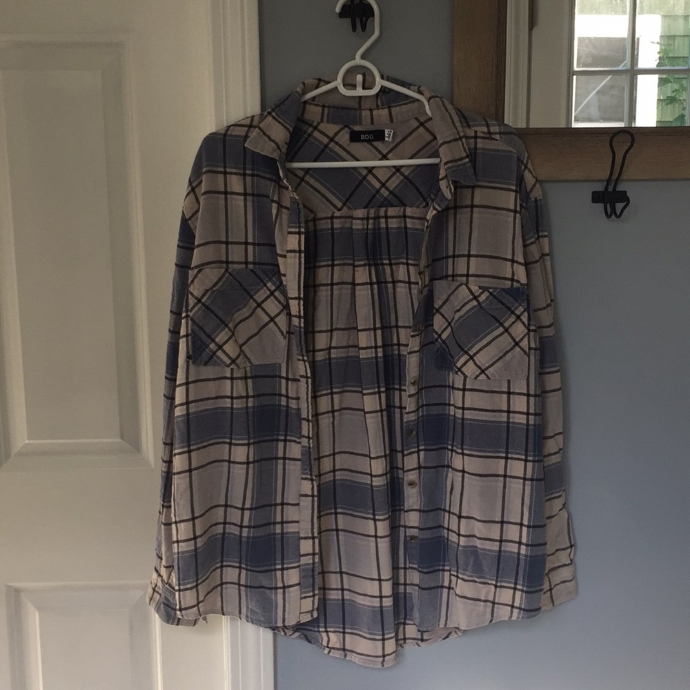 Blue and white striped plaid flannel